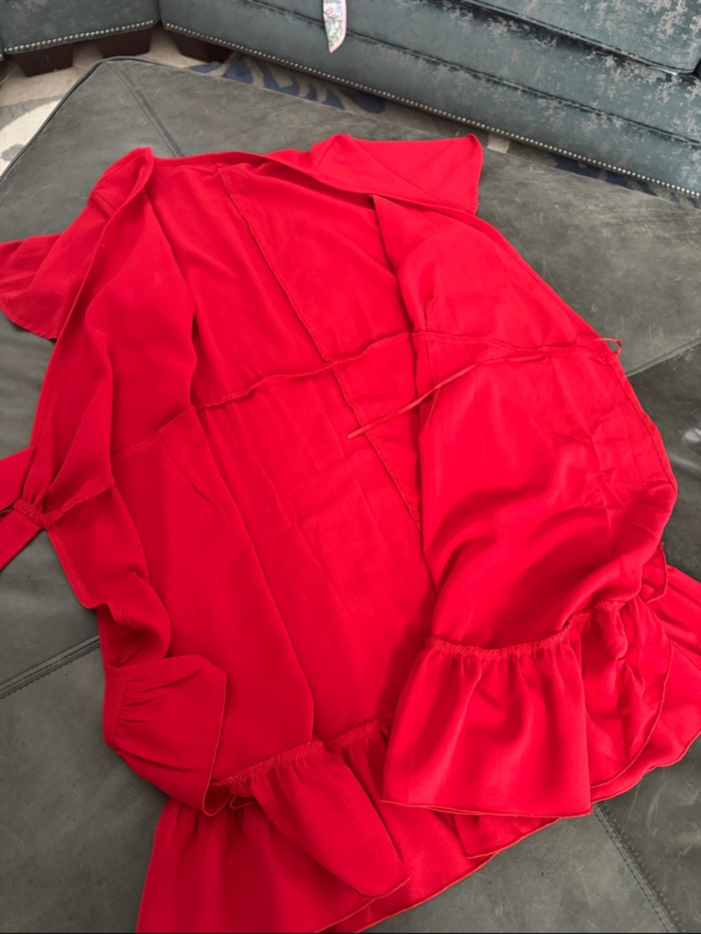 Red Wrap-Style Ruffle Hem Dress - Picture 3 of 6